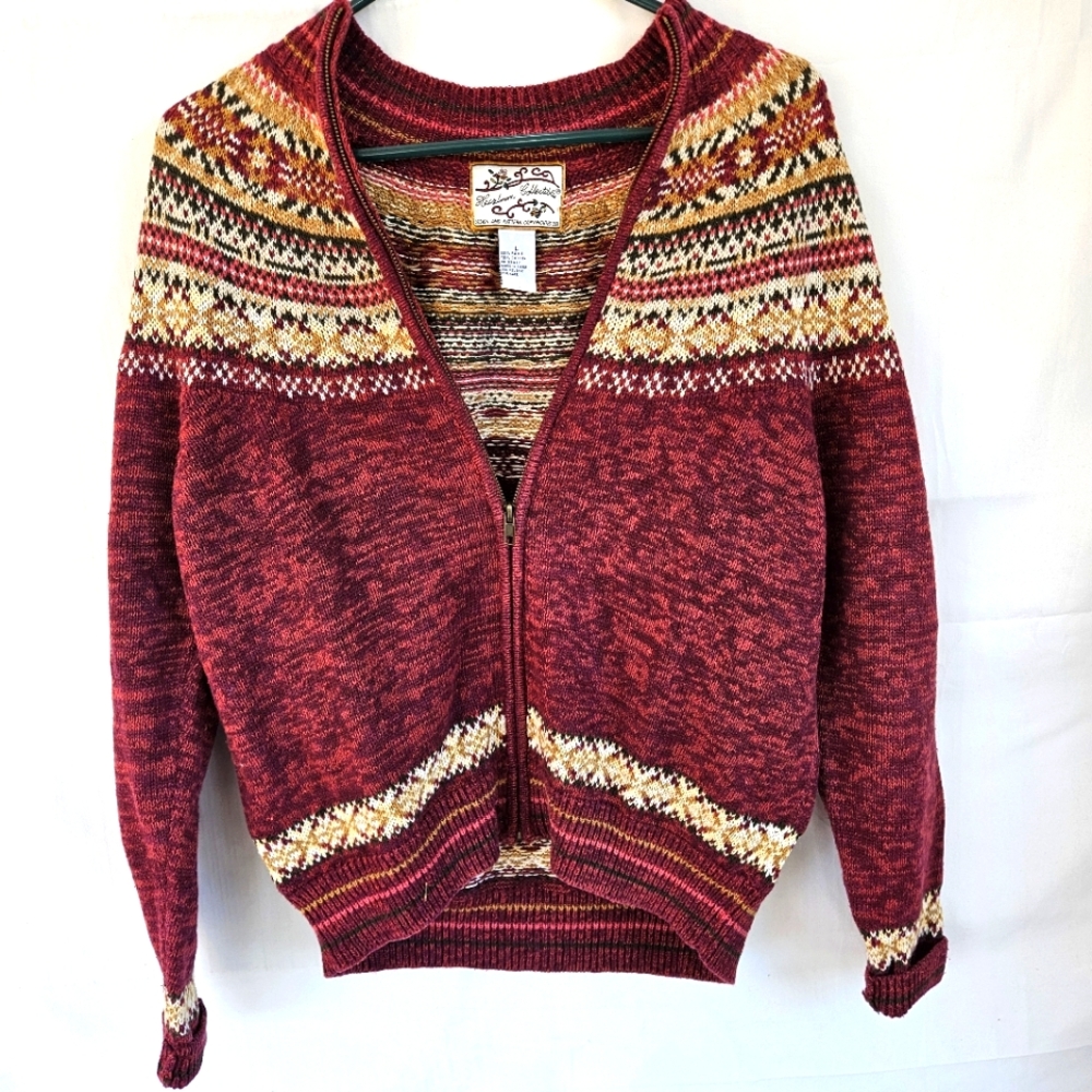 Heirloom Collectibles Women's Wine Red Patterned Sweater Size L Full Zip